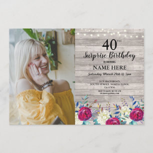 Rustic Birthday Party Photo Floral Grey Wood 40th Invitation