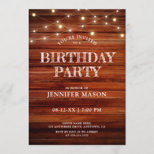 Rustic Birthday Party Wood & String Lights Invitation