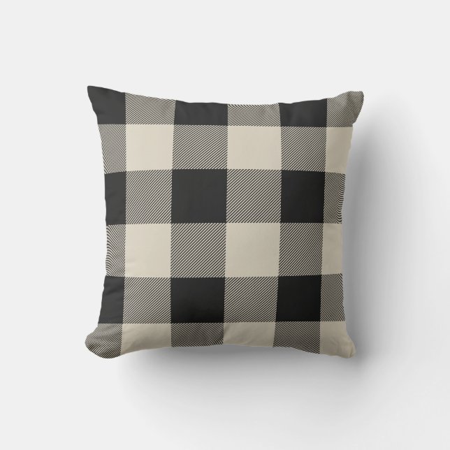 Rustic Black and Beige Buffalo Check Plaid Throw Pillow (Front)