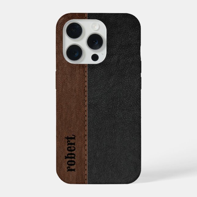 Rustic Black And Brown Leather Mononogram iPhone Case (Back)