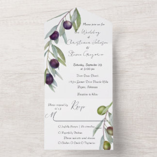 Rustic Black and Green Olive Branch Watercolor All In One Invitation