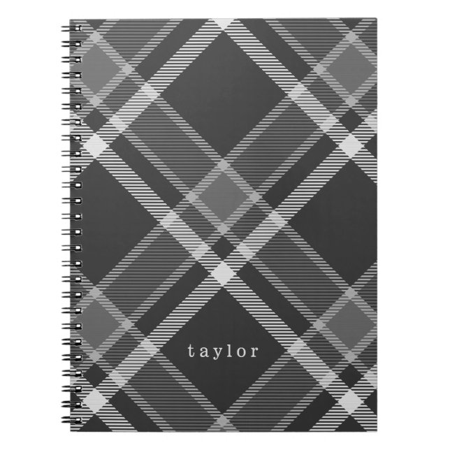 Rustic Black and Grey Tartan Plaid with Name Notebook (Front)