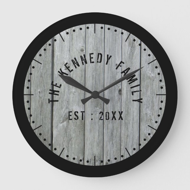 Rustic Black And Grey Wood Family Name Large Clock (Front)