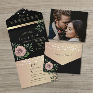 Rustic Black and Pink Floral Wedding All In One Invitation