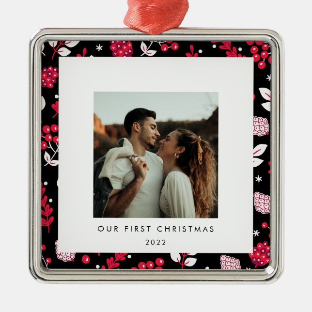 Rustic black and red Christmas pattern photo Metal Ornament (Front)