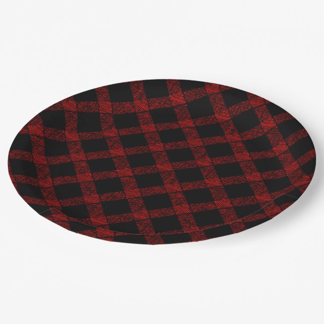 Rustic black and vivid red plaid with thick lines  paper plate (Angled)