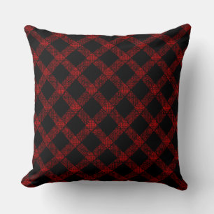 Rustic black and vivid red plaid with thick lines throw pillow
