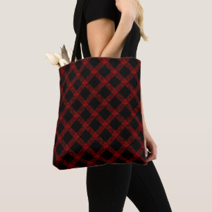Rustic black and vivid red plaid with thick lines tote bag