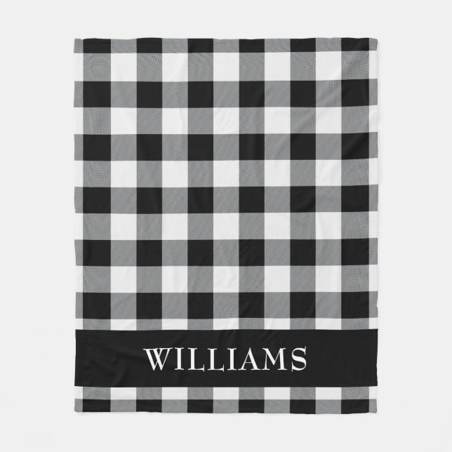 Rustic Black and White Buffalo Check Monogram Fleece Blanket (Front)