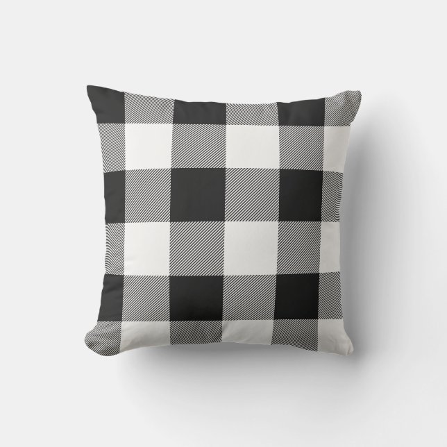 Rustic Black and White Buffalo Check Plaid Outdoor Pillow (Front)