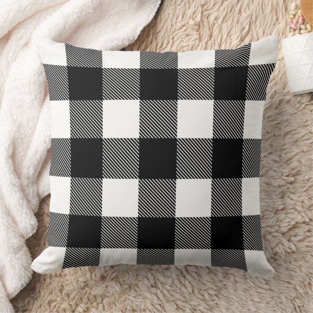Rustic Black and White Buffalo Plaid Farmhouse Throw Pillow (Blanket)
