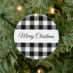 Rustic Black And White Checked Merry Christmas Ceramic Ornament
