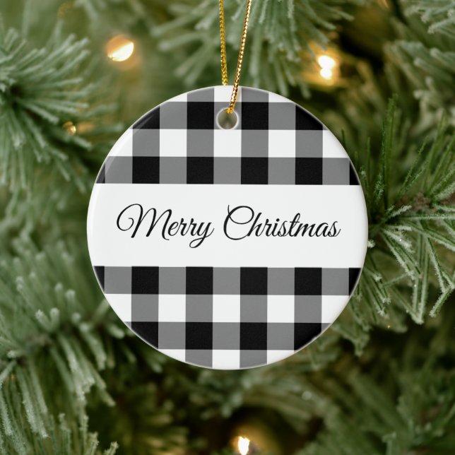 Rustic Black And White Checked Merry Christmas Ceramic Ornament (Tree)
