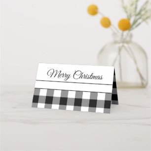 Rustic Black And White Checked Merry Christmas Place Card