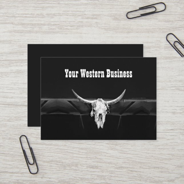 Rustic Black And White Country Western Bull Skull Business Card (Front/Back In Situ)