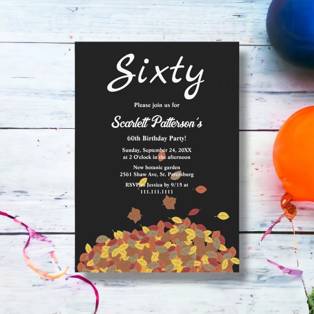 Rustic Black And White Fall Leaves 60th Birthday Invitation (Creator Uploaded)