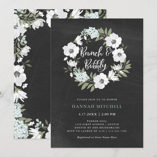 Rustic Black and White Floral | Brunch and Bubbly Invitation (Front/Back)