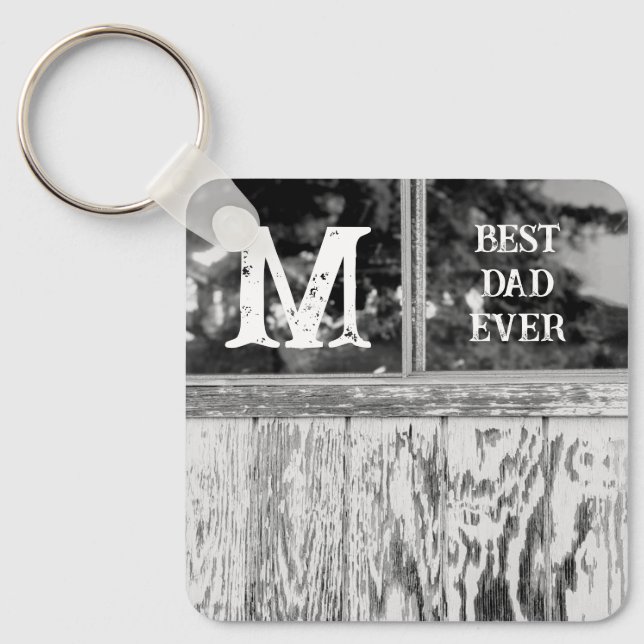 Rustic Black and White Photo Best Dad Ever Initial Keychain (Front)