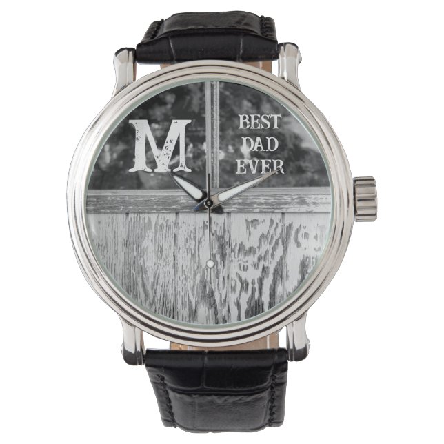 Rustic Black and White Photo Best Dad Ever Initial Watch (Front)