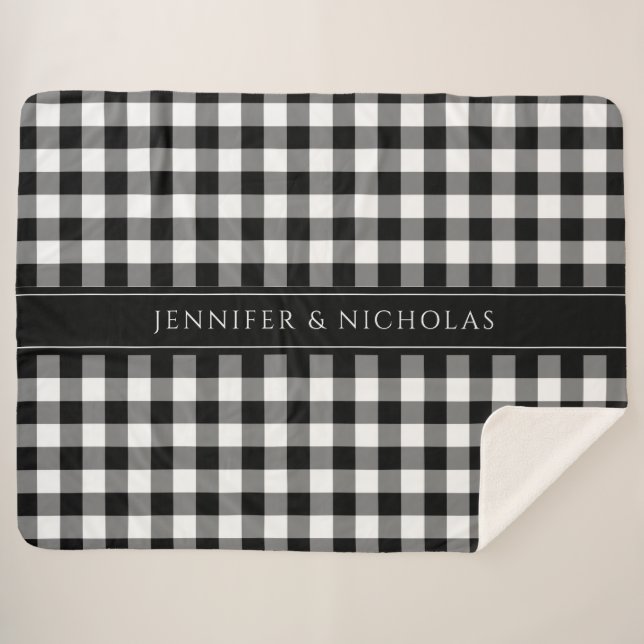 Rustic Black And White Plaid Checks Name Sherpa Blanket (Front (Horizontal))
