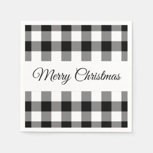 Rustic Black And White Plaid Merry Christmas Napkin