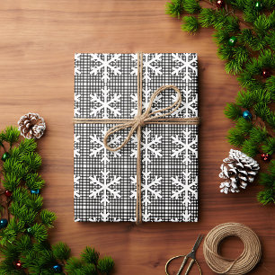 Rustic Black and White Plaid Snowflake Christmas Wrapping Paper