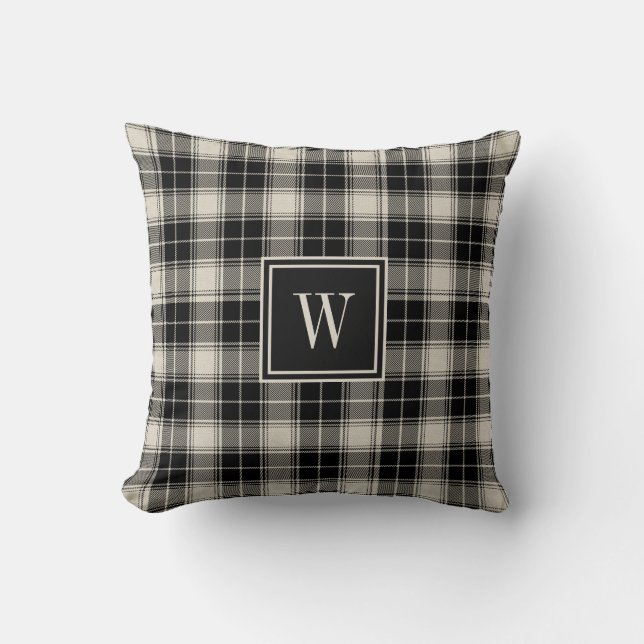 Rustic Black and White Plaid with Monogram Throw Pillow (Front)
