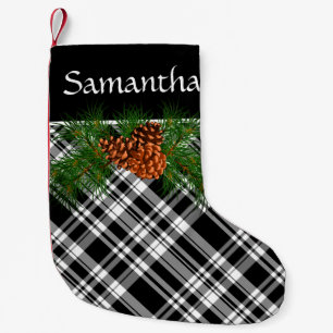 Rustic black and white plaid with pine cone small christmas stocking