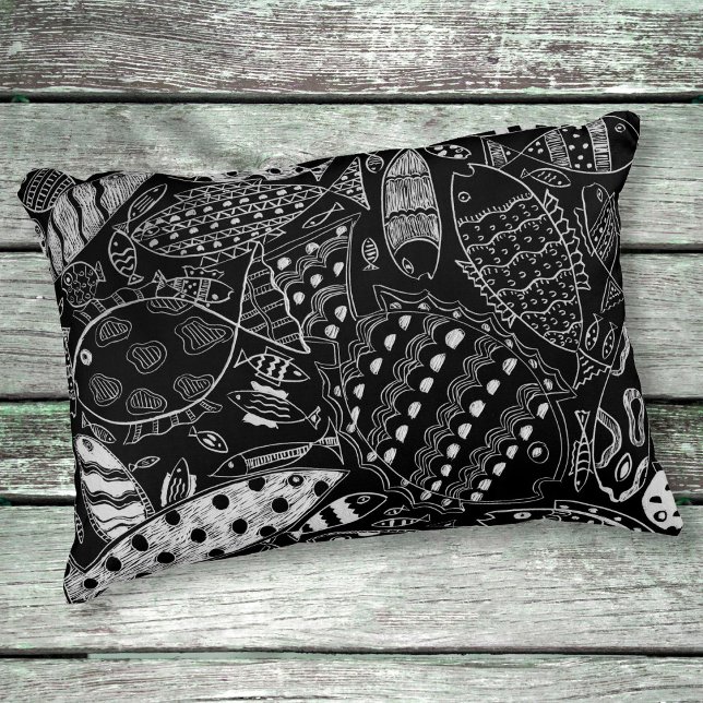 Rustic Black And White Whimsical Fish Pattern  Accent Pillow (Creator Uploaded)