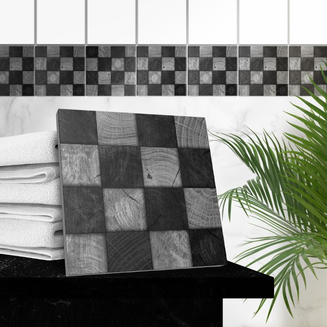 Rustic Black and White Wood Square Mosaic Art Tile (Creator Uploaded)