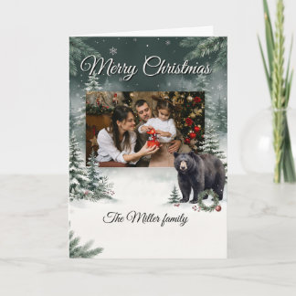 Rustic Black Bear Winter Forest Custom Photo Card