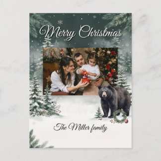 Rustic Black Bear Winter Forest Custom Photo Holiday Postcard