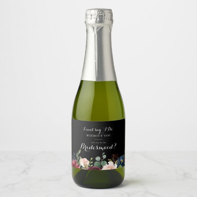Rustic Black Botanical Bridesmaid Proposal  Sparkling Wine Label (Front)