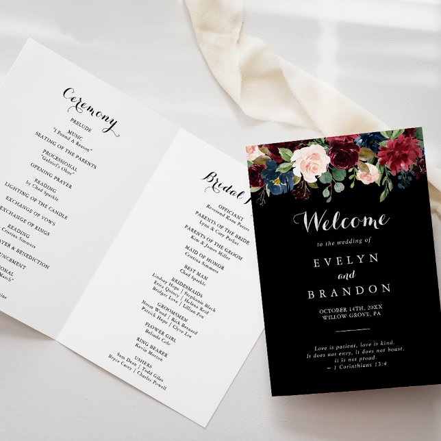Rustic Black Botanical Folded Wedding Programme (Créateur téléchargé)