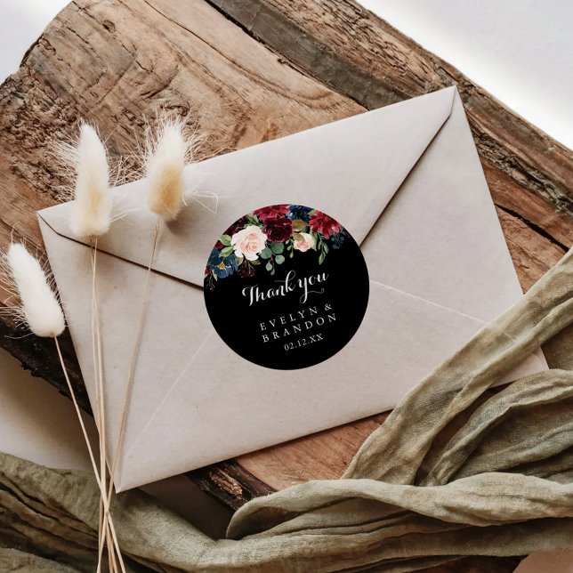 Rustic Black Botanical Thank You Wedding Favour Classic Round Sticker (Creator Uploaded)
