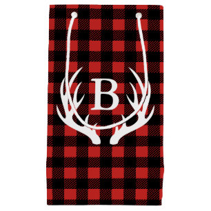 Rustic Black Buffalo Plaid Deer Antlers Initial Small Gift Bag