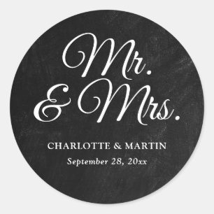 Rustic Black Chalkboard Mr and Mrs Wedding Classic Round Sticker