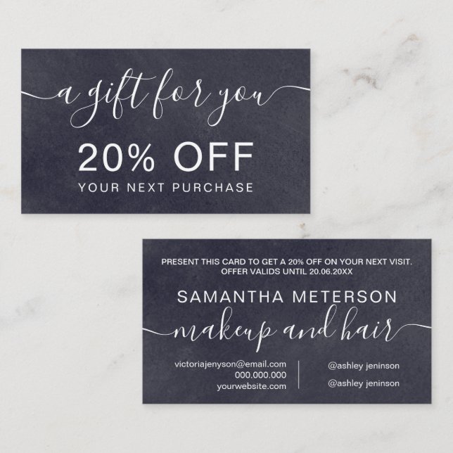 Rustic black chalkboard professional typography discount card (Front/Back)
