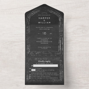 Rustic black chalkboard rsvp attached wedding all in one invitation