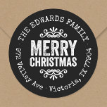 Rustic Black Christmas Circle Return Address Label<br><div class="desc">Affordable custom printed round return address stickers personalized with your family name and return address. This rustic modern holiday design features distressed MERRY CHRISTMAS lettering on a black background. Use the design tools to choose any background colour and edit text fonts and colours to further customize your own unique holiday...</div>