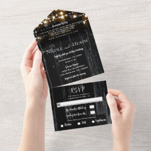 Rustic Black Dark Barn Wood & Lights Wedding  All In One Invitation