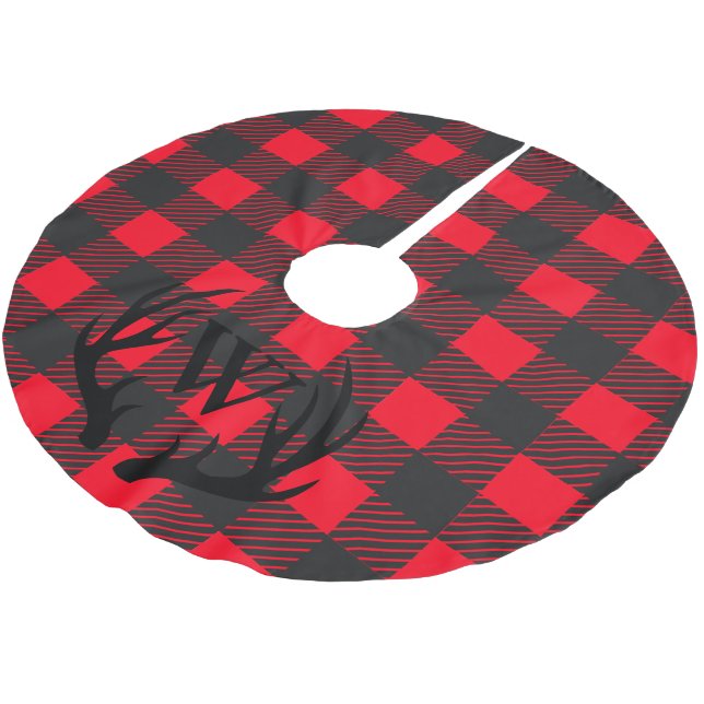 Rustic Black Deer Antlers & Buffalo Check Plaid Brushed Polyester Tree Skirt (Angled)