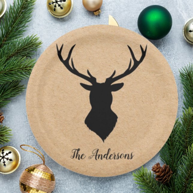 Rustic Black Deer | Kraft | Family Name Paper Plate (Creator Uploaded)