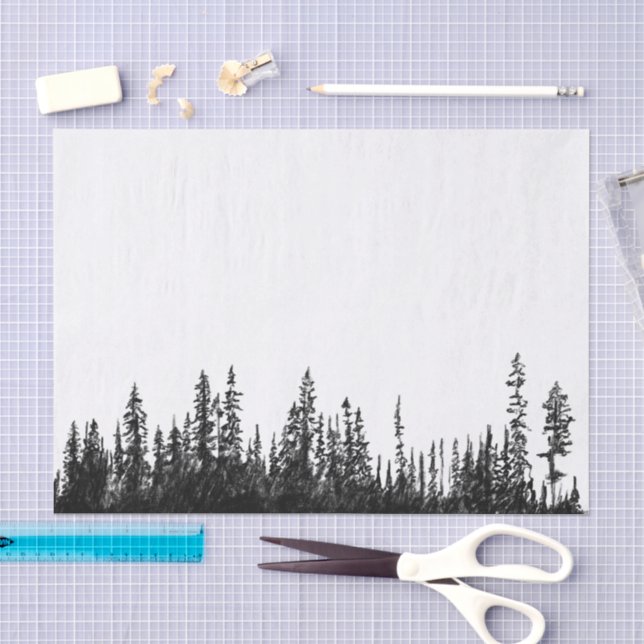 Rustic black drawing treeline silhouette decoupage tissue paper (Craft)