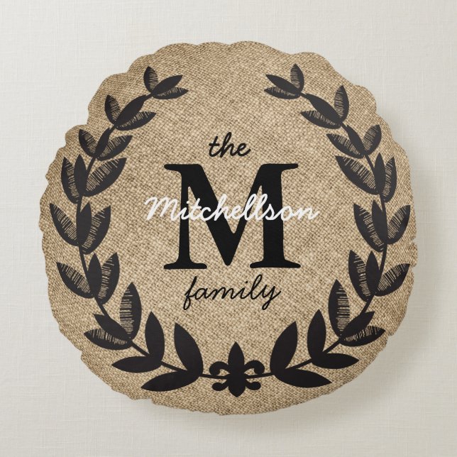 Rustic Black Etched Fleur-de-Lis Laurels Round Pillow (Front)