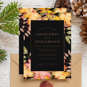 Rustic Black Fall Autumn Leaves Wedding Invitation