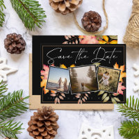 Rustic Black Fall Leaves Three Photo Wedding
