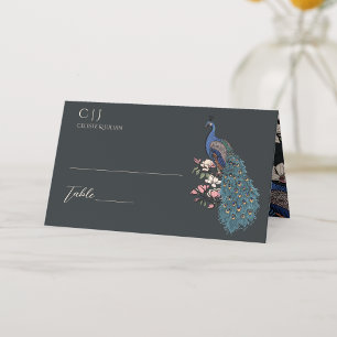 Rustic Black Floral Peacock Wedding Place Card