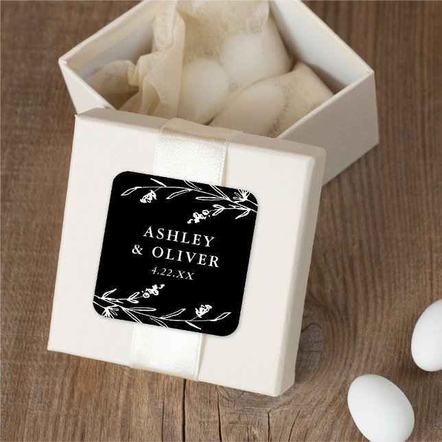 Rustic Black Floral Wildflower Wedding Favour Square Sticker (Creator Uploaded)