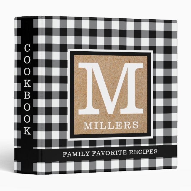 Rustic Black Gingham Family Monogram Cookbook Binder (Front/Spine)